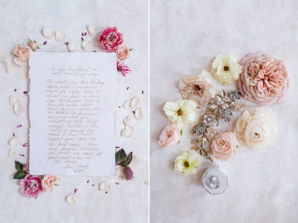 Collage of a letter from a bride to her groom surrounded by flowers and the bride's hair piece also surrounded by flowers.