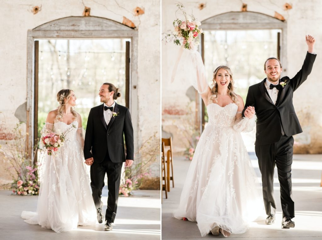 Collage of a bride and groom smiling at each other while they walk into their reception and them pumping their fists into the air.