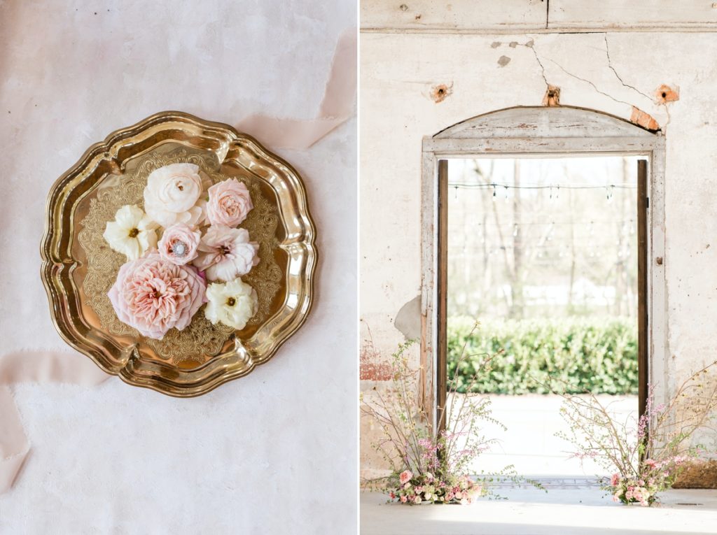 Collage of the bride's engagement ring set in blush roses on a gold platter and a detail photo of a door with minimal floral arrangements at the base.