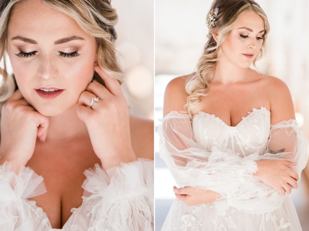 Collage of a close up of the bride's wedding day makeup and a detail photo of her with her arms crossed showing off the soft tulle sleeves.