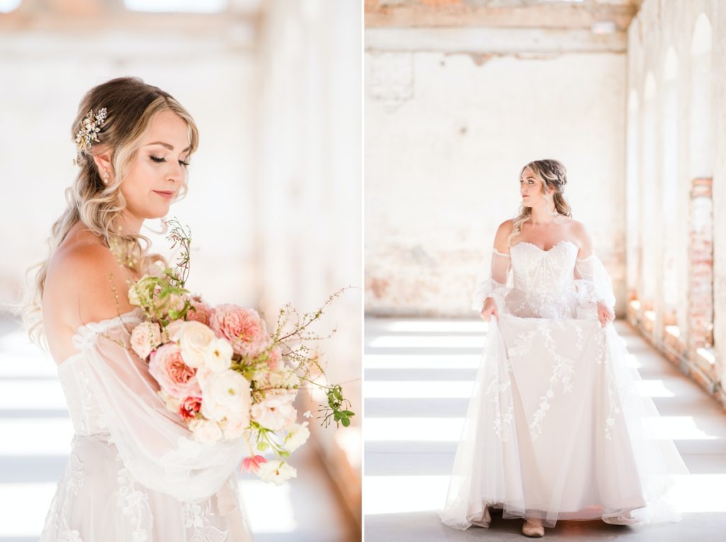 Collage of a bride smiling down at her blush bouquet and her holding up the skirt of her dress while walking.