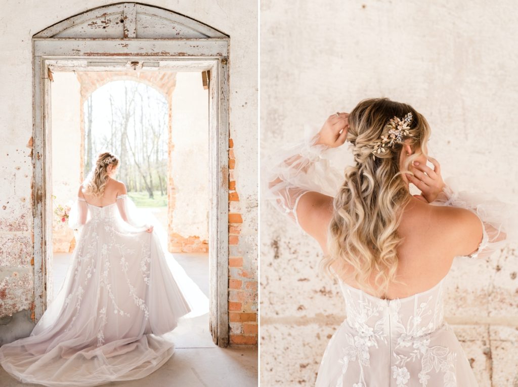Collage of a bride playing with her dress in the doorway of Providence Cotton Mill and the bride gently touching her hair.