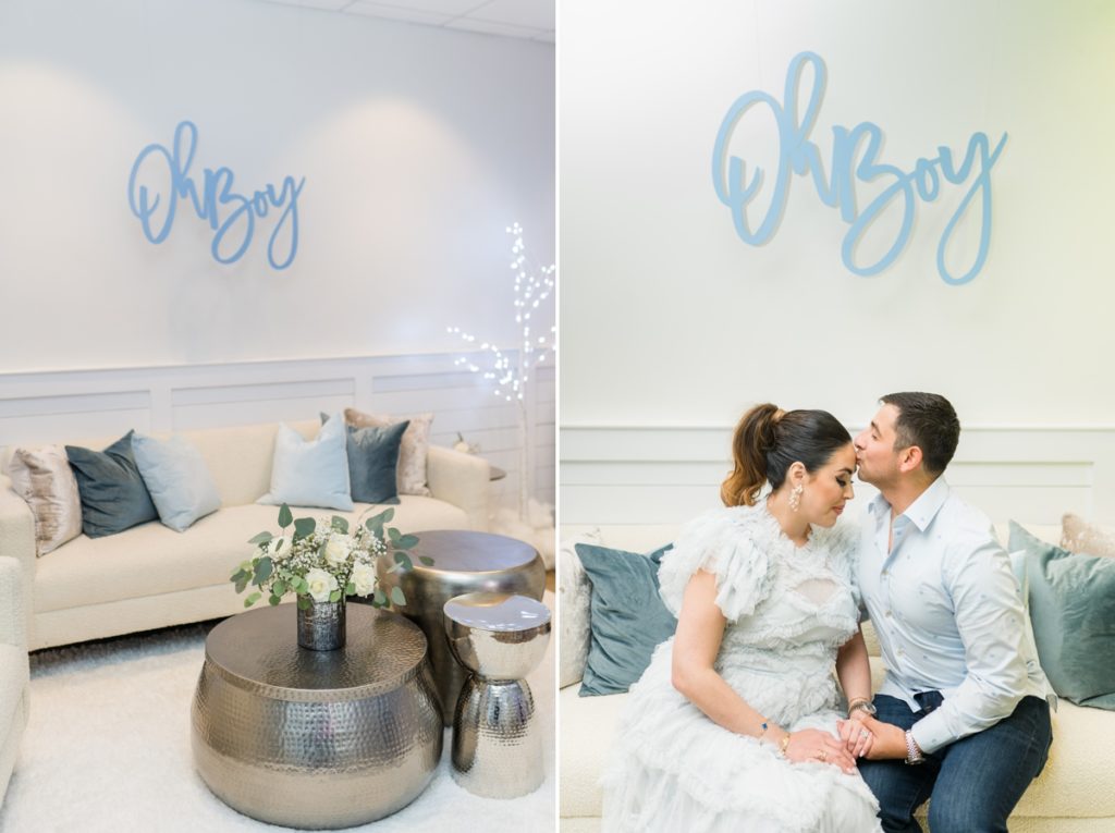 Collage of a seating area at The Barn at Reynolda Village and a couple sitting on the couch while the man kisses his pregnant wife's forehead under a sign that says Oh Boy.