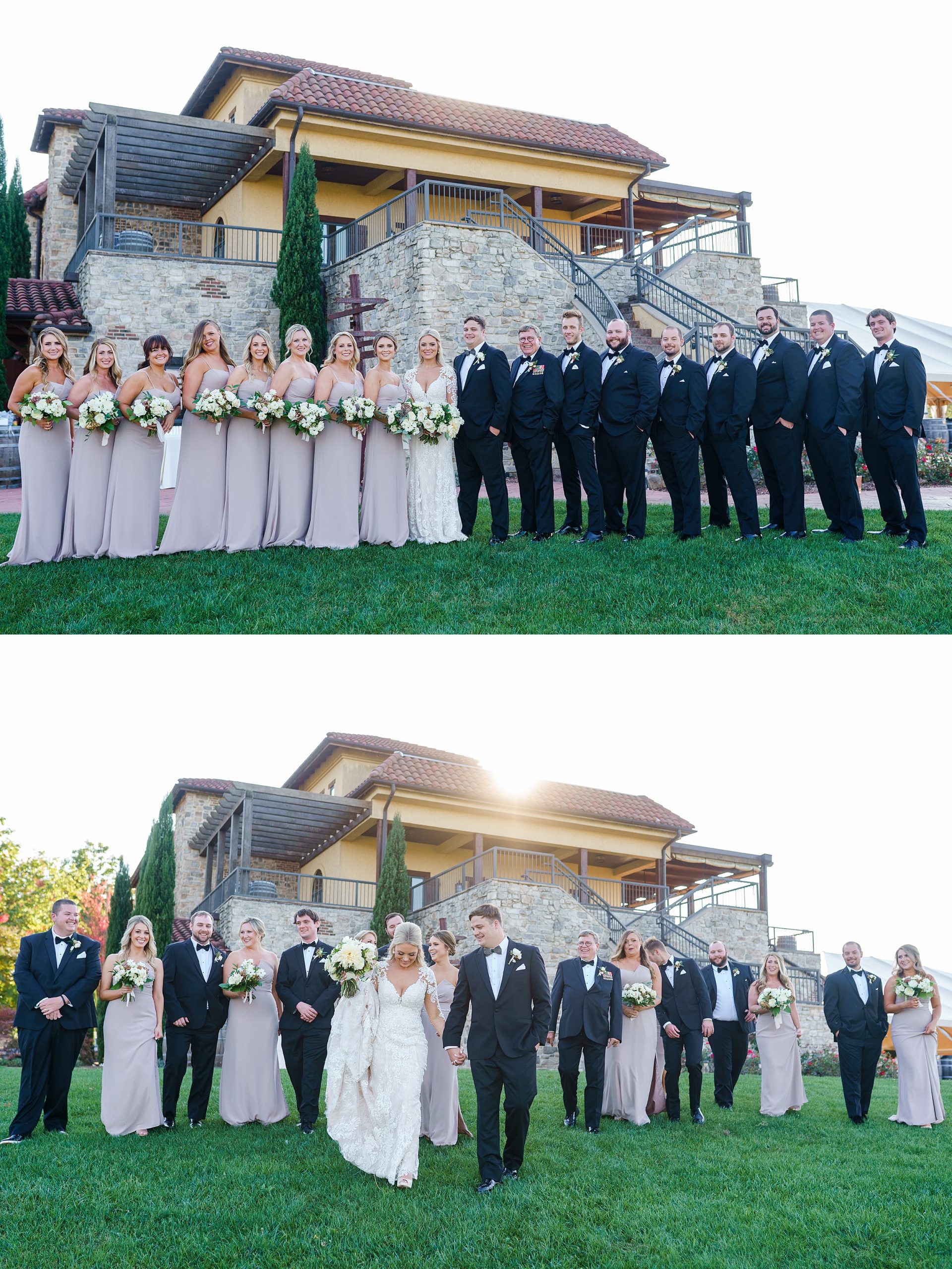 wedding party in front of the stone building at Raffaldini Vineyards Wedding venue