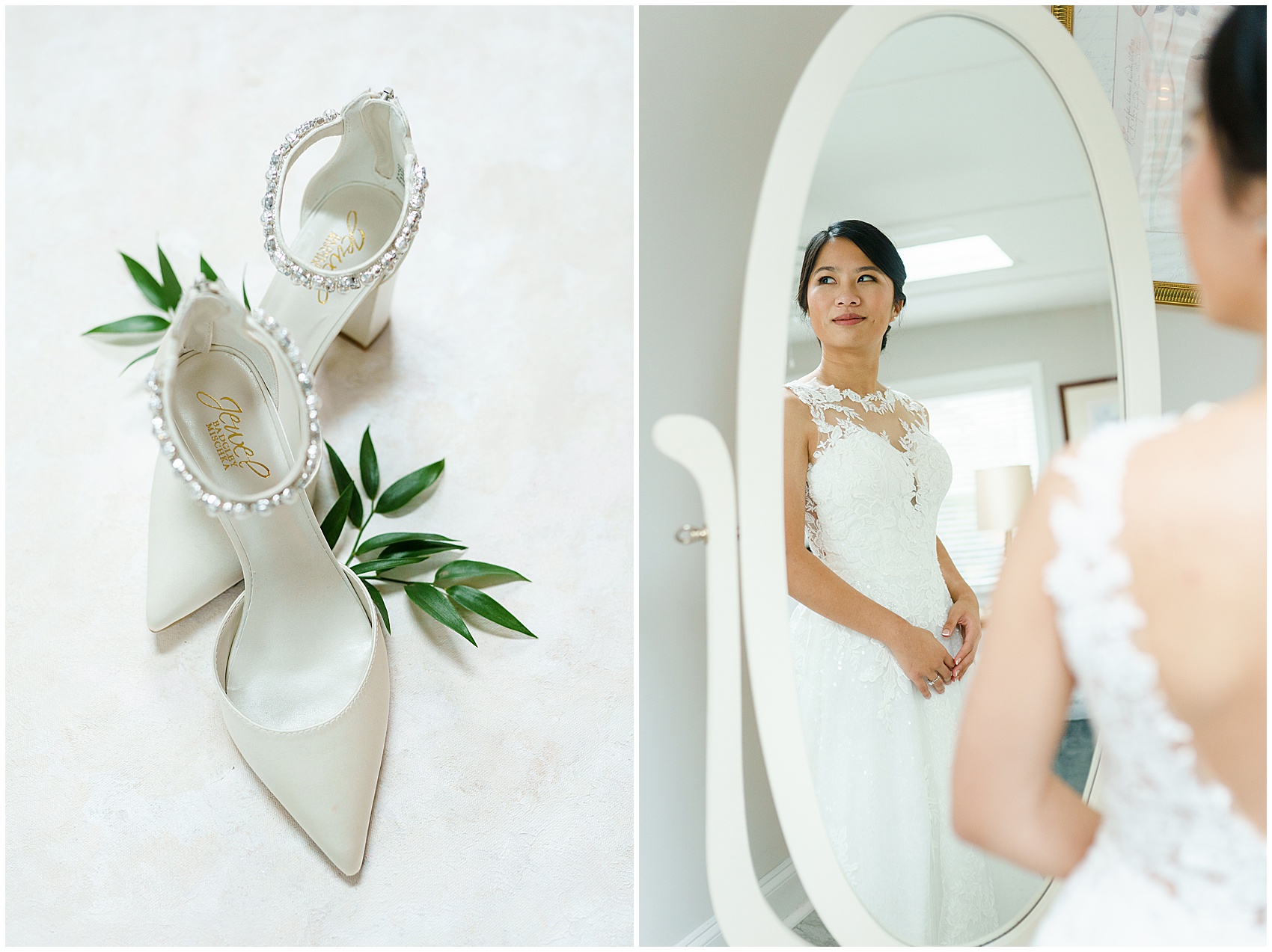 bride's shoes and bride looking in the mirror