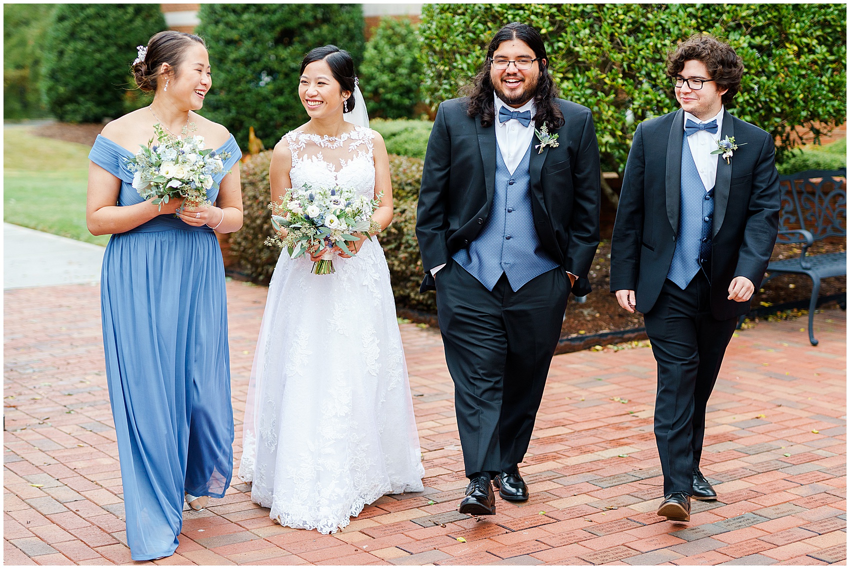 bride and groom walking with their wedding party for their A Stunning and Historic Leslie Alford Mims House Wedding
