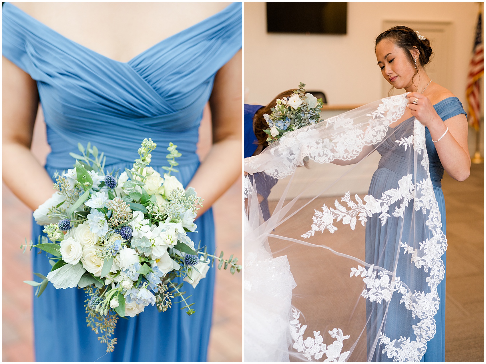 details of bridesmaid's bouquet and helping with the veil