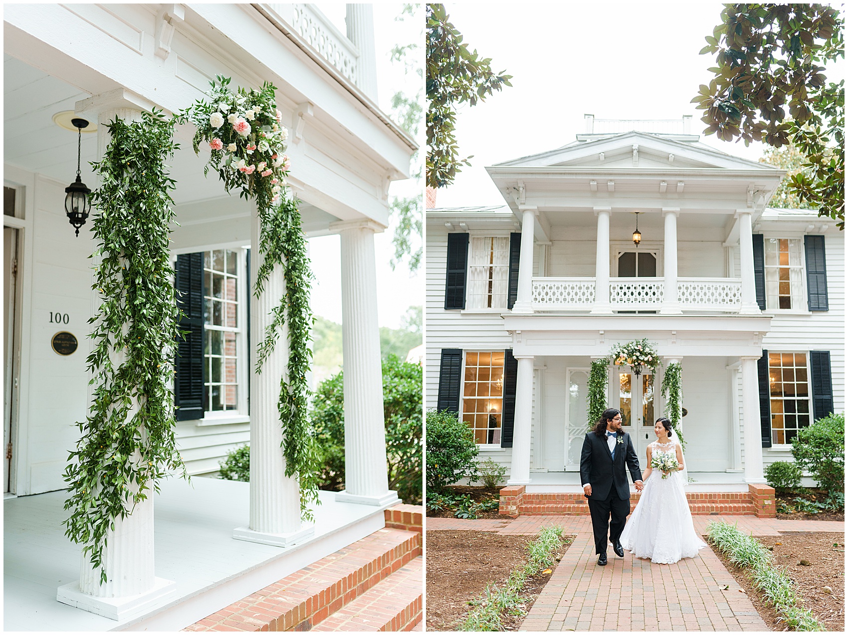 bride and groom walking in front of the A Stunning and Historic Leslie Alford Mims House Wedding