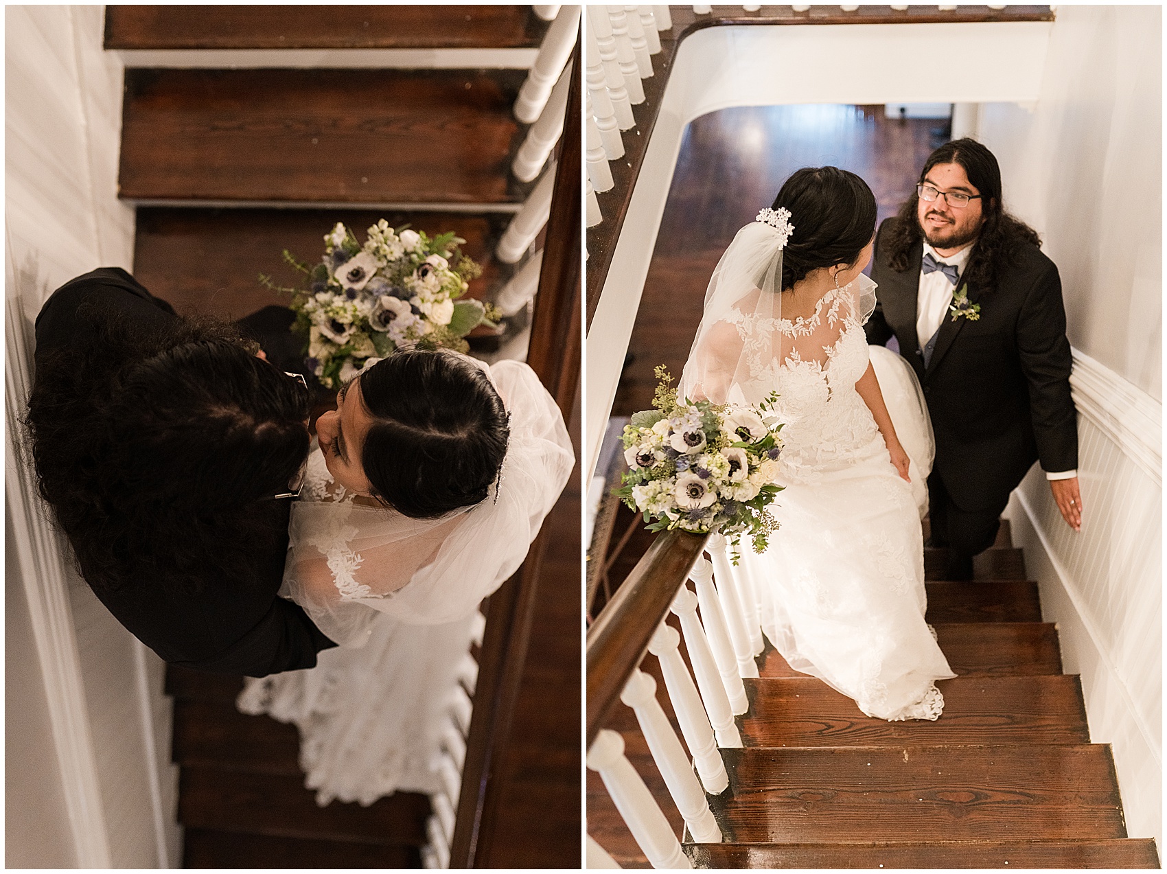 bride and groom standing on the stairs inside the A Stunning and Historic Leslie Alford Mims House Wedding venue