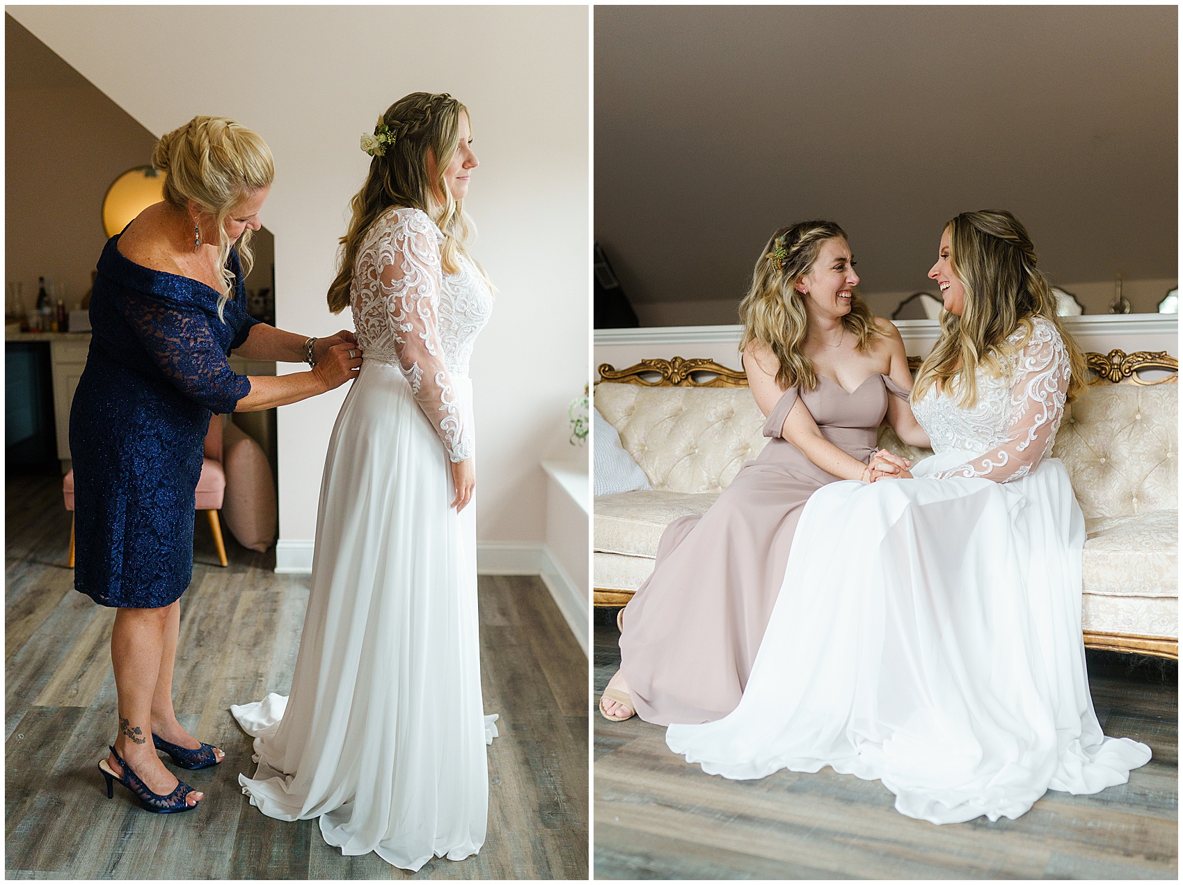 bride getting ready with her mom and bridemaid
